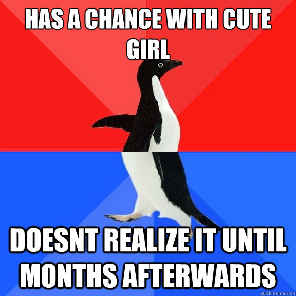 Has a chance with cute girl Doesnt realize it until months afterwards  Socially Awksome Penguin