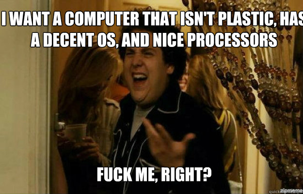 I want a computer that isn't plastic, has a decent OS, and nice processors FUCK ME, RIGHT?  fuck me right