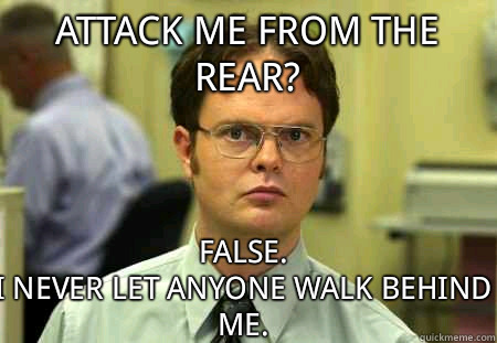 Attack me from the rear? False.
I never let anyone walk behind me.  Schrute
