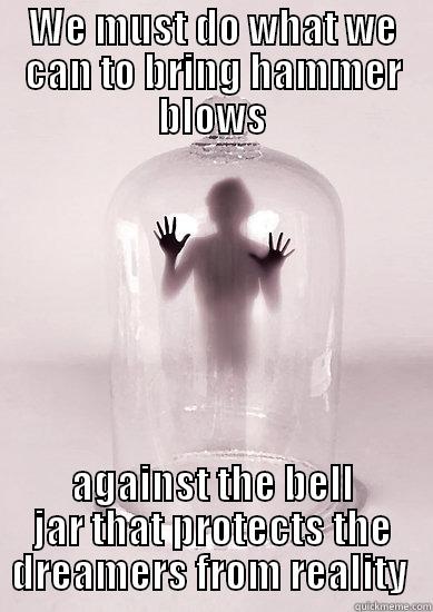 WE MUST DO WHAT WE CAN TO BRING HAMMER BLOWS AGAINST THE BELL JAR THAT PROTECTS THE DREAMERS FROM REALITY  Misc