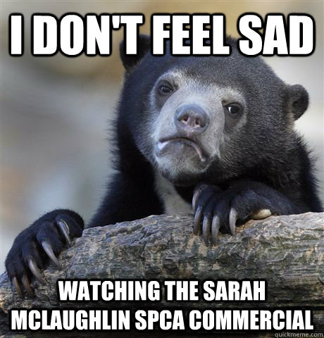 I don't feel sad watching the Sarah Mclaughlin SPCA commercial  Confession Bear