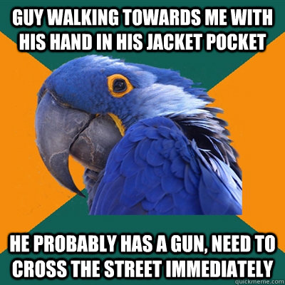 Guy walking towards me with his hand in his jacket pocket he probably has a gun, need to cross the street immediately  Paranoid Parrot