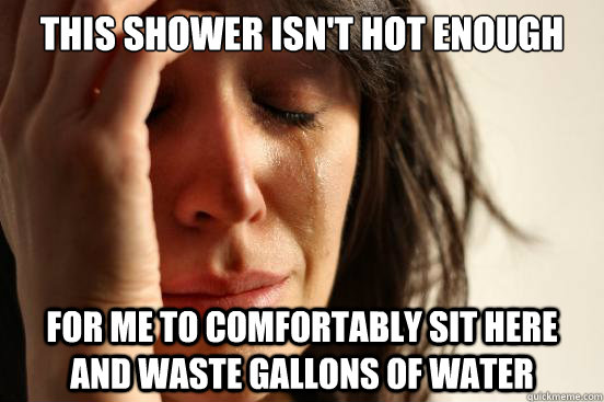 This shower isn't hot enough for me to comfortably sit here and waste gallons of water  First World Problems