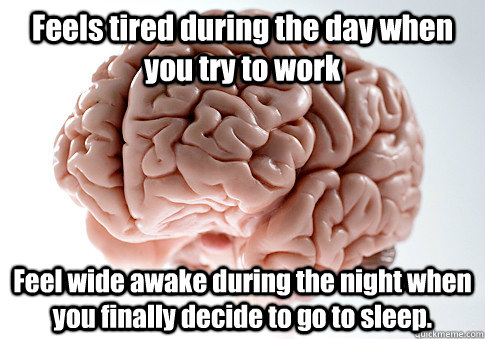 Feels tired during the day when you try to work Feel wide awake during the night when you finally decide to go to sleep.  Scumbag Brain