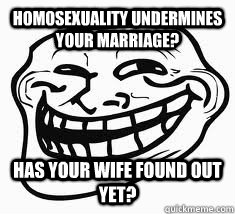 homosexuality undermines your marriage? has your wife found out yet?  Ill troll face