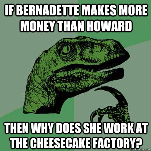 If Bernadette makes more money than Howard Then why does she work at the cheesecake factory? - If Bernadette makes more money than Howard Then why does she work at the cheesecake factory?  Philosoraptor