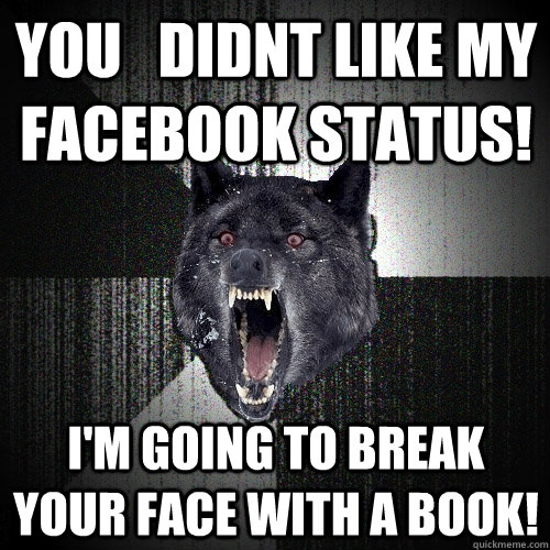 You   didnt like my Facebook Status! I'm going to break your face with a book!  Insanity Wolf