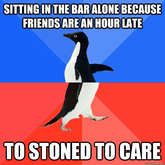 Sitting in the bar alone because friends are an hour late To stoned to care  Socially Awkward Awesome Penguin