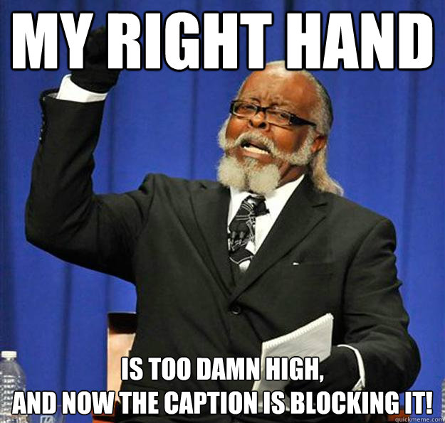 My right hand is too damn high,
and now the caption is blocking it!  Jimmy McMillan