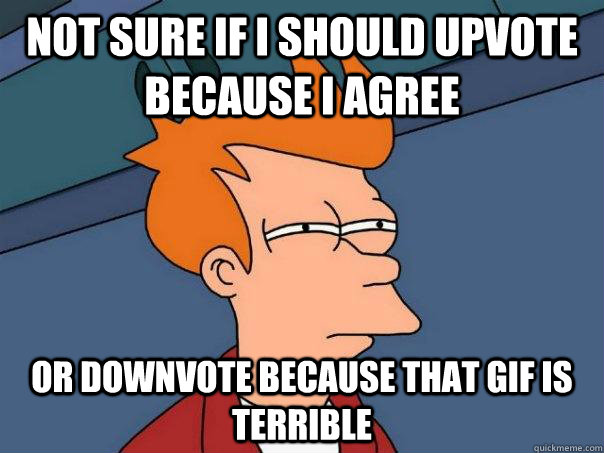 Not sure if I should upvote because I agree or downvote because that gif is terrible  Futurama Fry