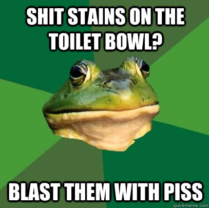 shit stains on the toilet bowl? Blast them with piss  Foul Bachelor Frog
