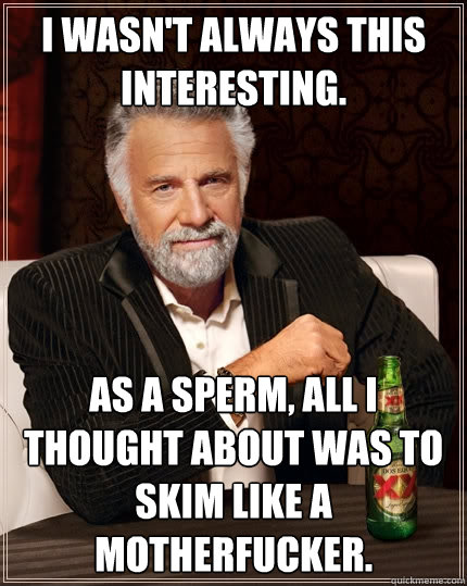 I wasn't always this interesting. As a sperm, all I thought about was to skim like a motherfucker.  The Most Interesting Man In The World