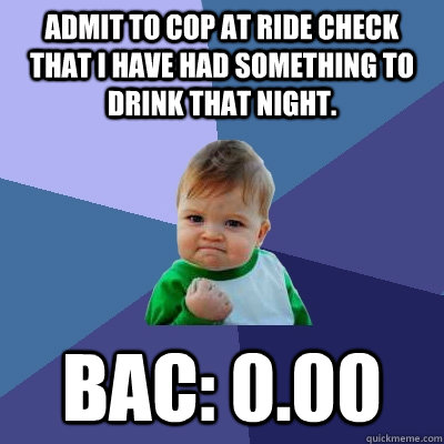 Admit to cop at ride check that I have had something to drink that night. BAC: 0.00 - Admit to cop at ride check that I have had something to drink that night. BAC: 0.00  Success Kid