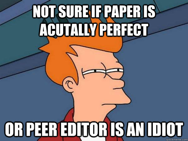 Not sure if paper is acutally perfect Or peer editor is an idiot - Not sure if paper is acutally perfect Or peer editor is an idiot  Futurama Fry