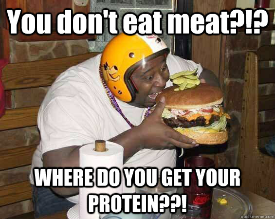 You don't eat meat?!? WHERE DO YOU GET YOUR PROTEIN??! - You don't eat meat?!? WHERE DO YOU GET YOUR PROTEIN??!  Protein In-Deficient Guy