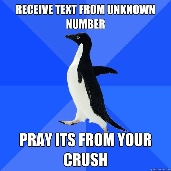 Receive text from unknown number pray its from your crush  Socially Awkward Penguin