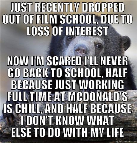 JUST RECENTLY DROPPED OUT OF FILM SCHOOL, DUE TO LOSS OF INTEREST NOW I'M SCARED I'LL NEVER GO BACK TO SCHOOL, HALF BECAUSE JUST WORKING FULL TIME AT MCDONALD'S IS CHILL, AND HALF BECAUSE I DON'T KNOW WHAT ELSE TO DO WITH MY LIFE Confession Bear