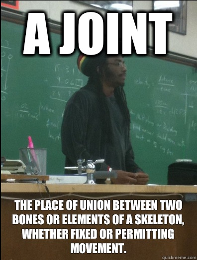 A JOINT the place of union between two bones or elements of a skeleton, whether fixed or permitting movement.  Rasta Science Teacher