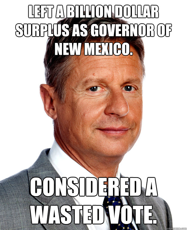 Left a billion dollar surplus as governor of New Mexico. Considered a wasted vote. - Left a billion dollar surplus as governor of New Mexico. Considered a wasted vote.  Gary Johnson for president