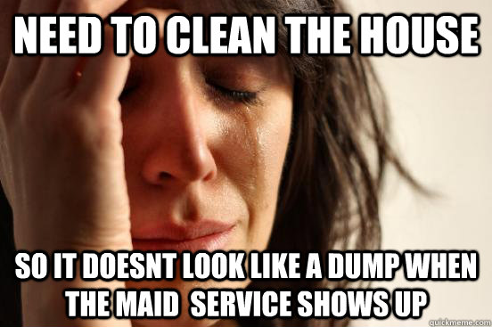 NEED TO CLEAN THE HOUSE So it doesnt look like a dump when the maid  service shows up  First World Problems