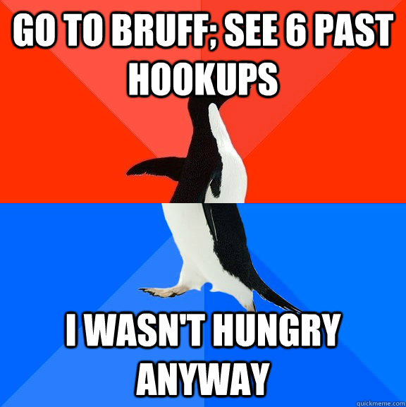 Go to bruff; see 6 past hookups i wasn't hungry anyway  Socially Awesome Awkward Penguin