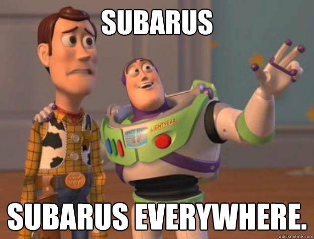 Subarus subarus everywhere.  Toy Story