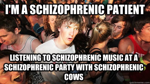 I'm a schizophrenic patient listening to schizophrenic music at a schizophrenic party with schizophrenic cows   Sudden Clarity Clarence