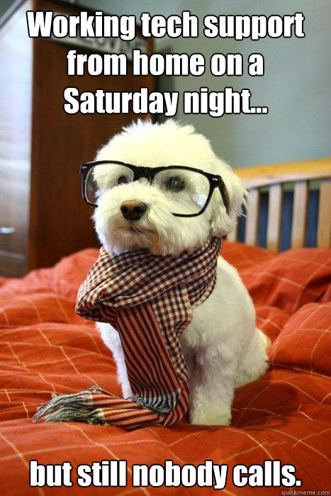 Working tech support from home on a Saturday night... but still nobody calls.  Hipster Dog