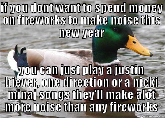 IF YOU DONT WANT TO SPEND MONEY ON FIREWORKS TO MAKE NOISE THIS NEW YEAR YOU CAN JUST PLAY A JUSTIN BIEVER, ONE DIRECTION OR A NICKI MINAJ SONGS THEY'LL MAKE ALOT MORE NOISE THAN ANY FIREWORKS Actual Advice Mallard