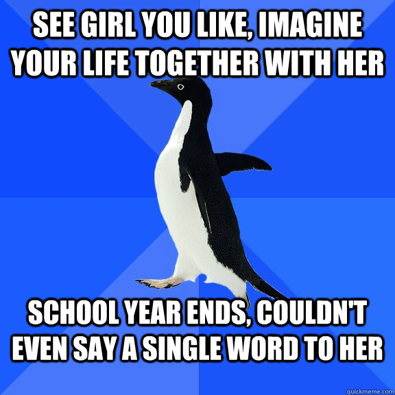 See girl you like, imagine your life together with her school year ends, couldn't even say a single word to her  Socially Awkward Penguin