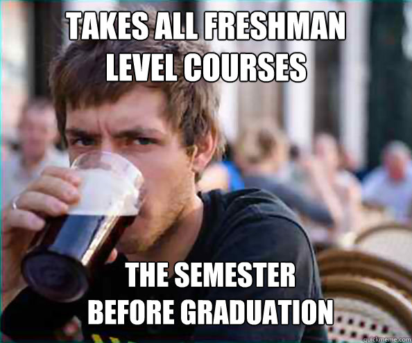 Takes all freshman 
level courses the semester
before graduation  Lazy College Senior