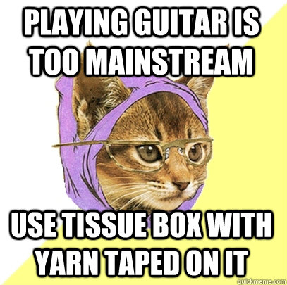 playing guitar is too mainstream use tissue box with yarn taped on it  Hipster Kitty