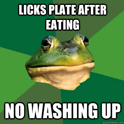 Licks plate after eating  No washing up   Foul Bachelor Frog