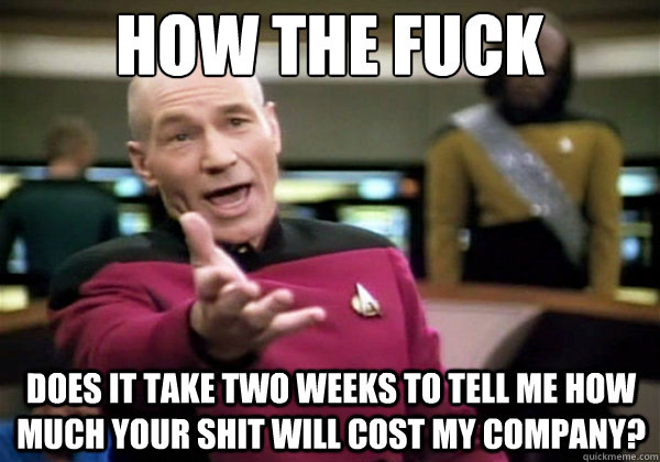how the fuck Does it take two weeks to tell me how much your shit will cost my company?  Why The Fuck Picard