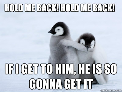 Hold me back! Hold me back! If I get to him, he is so gonna get it  Protective Penguin