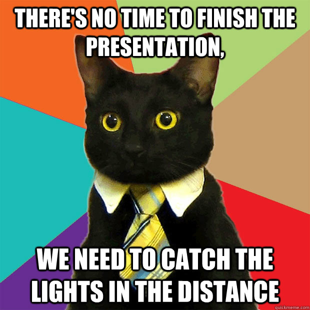 There's no time to finish the presentation, we need to catch the lights in the distance  Business Cat