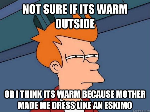 Not sure if its warm outside or i think its warm because mother made me dress like an eskimo  Futurama Fry