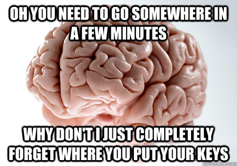 oh you need to go somewhere in a few minutes why don't i just completely forget where you put your keys  Scumbag Brain
