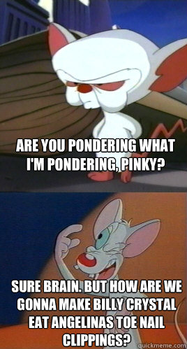 Are you pondering what I'm pondering, Pinky? Sure Brain. But how are we gonna make Billy Crystal eat Angelina´s toe nail clippings? - Are you pondering what I'm pondering, Pinky? Sure Brain. But how are we gonna make Billy Crystal eat Angelina´s toe nail clippings?  Pinky and the Brain