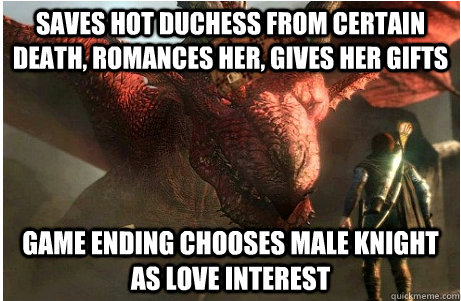 Saves hot Duchess from certain death, romances her, gives her gifts Game ending chooses male knight as love interest  Scumbag Dragons Dogma