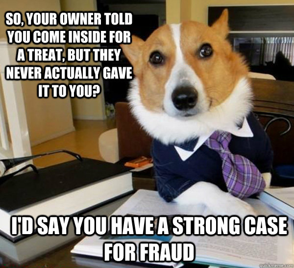 So, your owner told you come inside for a treat, but they never actually gave it to you? I'd say you have a strong case for fraud  Lawyer Dog