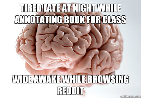 Tired late at night while annotating book for class wide awake while browsing reddit  Scumbag Brain