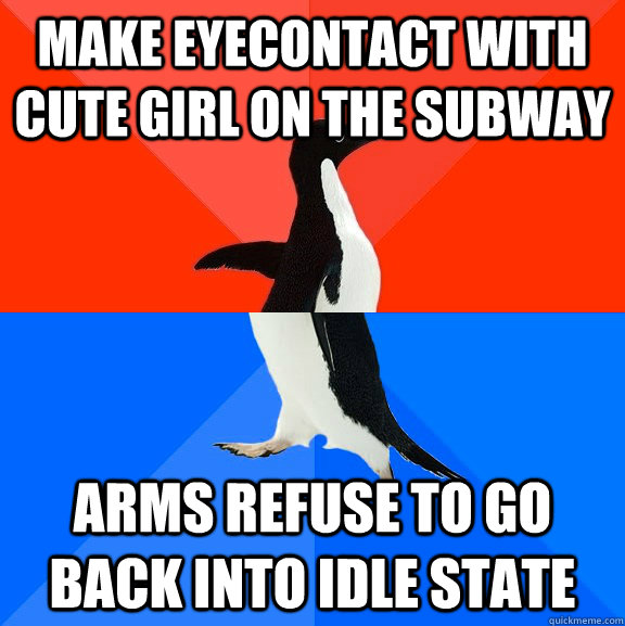 MAKE EYECONTACT WITH CUTE GIRL ON THE SUBWAY ARMS REFUSE TO GO BACK INTO IDLE STATE  Socially Awesome Awkward Penguin