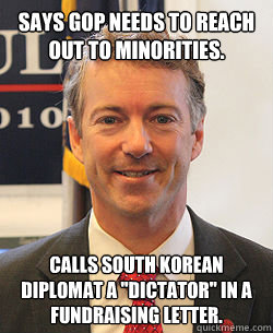 Says GOP needs to reach out to minorities. Calls South Korean diplomat a 