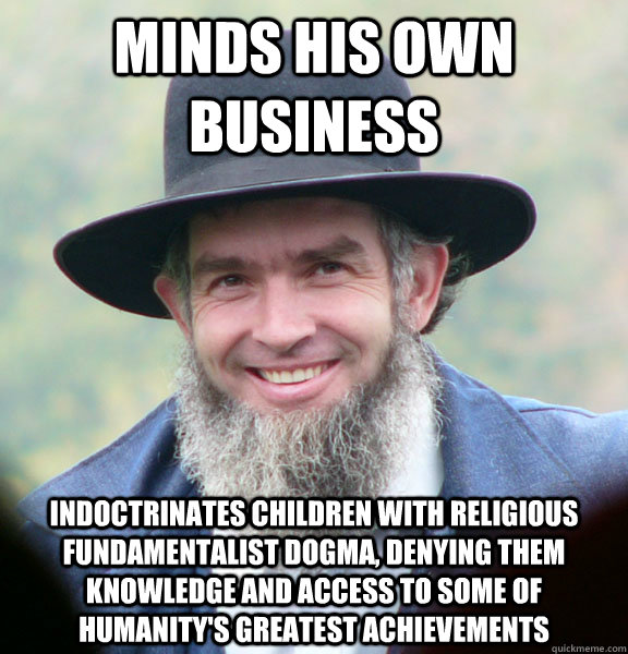 minds his own business indoctrinates children with religious fundamentalist dogma, denying them knowledge and access to some of humanity's greatest achievements  Good Guy Amish
