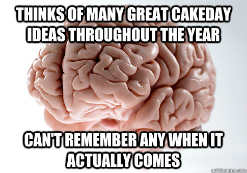 Thinks of many great cakeday ideas throughout the year Can't remember any when it actually comes  Scumbag Brain