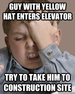guy with yellow hat enters elevator try to take him to construction site  