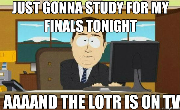 Just gonna study for my finals tonight  AAAAND THE LOTR is on TV  aaaand its gone