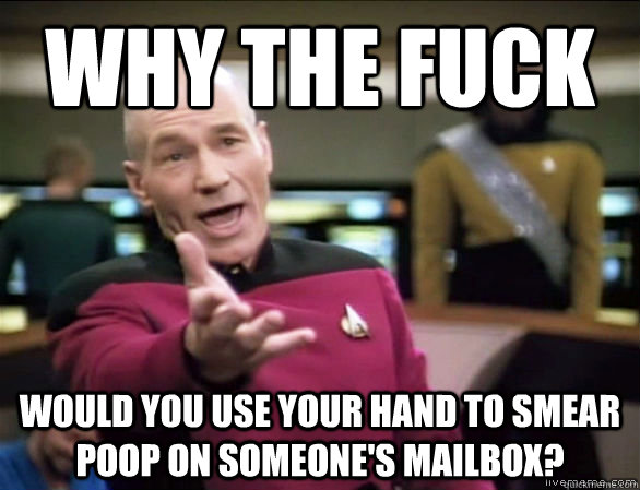 Why the fuck Would you use your hand to smear poop on someone's mailbox?  Annoyed Picard HD