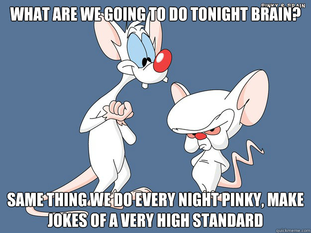 What are we going to do tonight Brain? Same thing we do every night Pinky, make jokes of a very high standard - What are we going to do tonight Brain? Same thing we do every night Pinky, make jokes of a very high standard  Pinky and the Brain